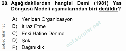 20. soru: Aşağıdakilerden hangisi Demi (1981) Yas Döngüsü Modeli aşamalarından biri değildir? A) Yeniden Organizasyon B) Itiraz…