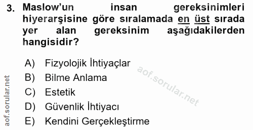 3. soru: Maslow'un insan gereksinimleri hiyerarşisine göre sıralamada en üst sırada yer alan gereksinim aşağıdakilerden hangis…