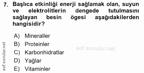 7. soru: Başlıca etkinliği enerji sağlamak olan, suyun ve elektrolitlerin dengede tutulmasını sağlayan besin ögesi aşağıdakile…