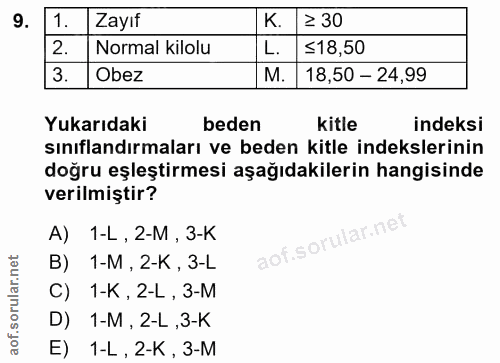 9. soru: Zayıf K. ≥ 30 2 Normal kilolu L. $18,50 3. Obez M. 18,50 - 24,99 Yukarıdaki beden kitle indeksi sınıflandırmaları ve…