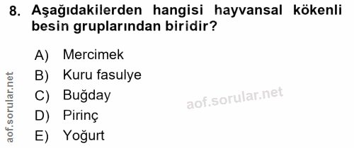 8. soru: Aşağıdakilerden hangisi hayvansal kökenli besin gruplarından biridir? A) Mercimek rular.net B) Kuru fasulye C) Buğday…