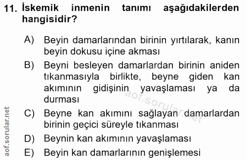 11. soru: İskemik inmenin tanımı aşağıdakilerden hangisidir? A) Beyin damarlarından birinin yırtılarak, kanın beyin dokusu için…
