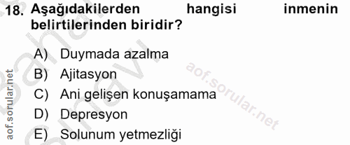 18. soru: Aşağıdakilerden hangisi inmenin belirtilerinden biridir? A) Duymada azalma B) Ajitasyon C) Ani gelişen konuşamama D)…