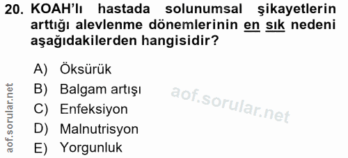 20. soru: KOAH'lı hastada solunumsal şikayetlerin arttığı alevlenme dönemlerinin en sık nedeni aşağıdakilerden hangisidir? A) Ö…