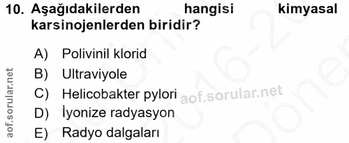 10. soru: Aşağıdakilerden hangisi Kimyasal karsinojenlerden biridir? A) Polivinil klorid Ultraviyole C) Helicobakter pylori D)…