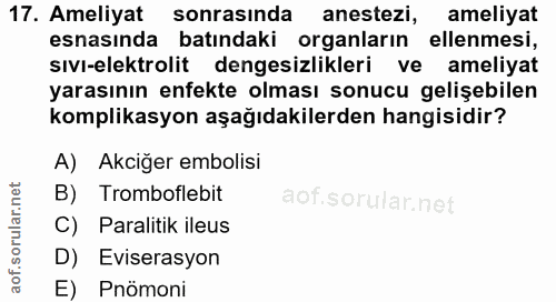 17. soru: Ameliyat sonrasinda anestezi, ameliyat esnasında batındaki organların ellenmesi, sıvı-elektrolit dengesizlikleri ve a…