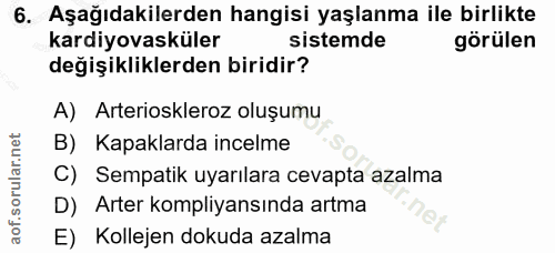 6. soru: Aşağıdakilerden hangisi yaşlanma ile birlikte kardiyovasküler sistemde görülen değişikliklerden biridir? A) Arteriosk…