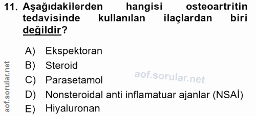 11. soru: Aşağıdakilerden hangisi osteoartritin tedavisinde kullanılan ilaçlardan biri değildir? A) Ekspektoran B) Steroid C) P…