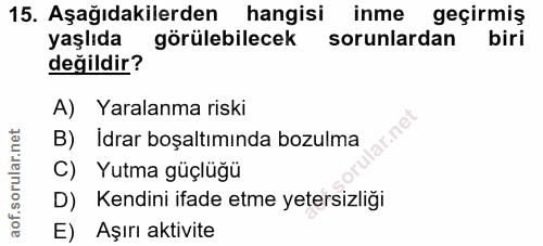 15. soru: Aşağıdakilerden hangisi inme geçirmiş yaşlıda görülebilecek sorunlardan biri değildir? A) Yaralanma riski B) Idrar bo…