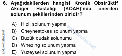 6. soru: Aşağıdakilerden hangisi Kronik Obstrüktif Akciğer Hastalığı (KOAH)'nda önerilen solunum şekillerinden biridir? A) Hız…