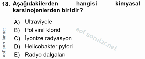 18. soru: Aşağıdakilerden hangisi kimyasal karsinojenlerden biridir? A) Ultraviyole B) Polivinil klorid C) İyonize radyasyon D)…