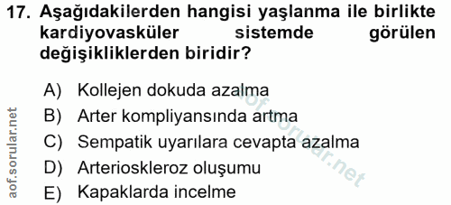 17. soru: Aşağıdakilerden hangisi yaşlanma ile birlikte kardiyovasküler sistemde görülen değişikliklerden biridir? A) Kollejen…