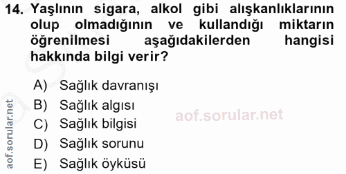 14. soru: Yaşlının sigara, alkol gibi alışkanlıklarının olup olmadığının ve kullandığı miktarın öğrenilmesi aşağıdakilerden han…