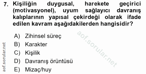 7. soru: Kişiliğin duygusal, harekete geçirici (motivasyonel), uyum saglayıcı davranış kalıplarının yapısal çekirdeği olarak i…