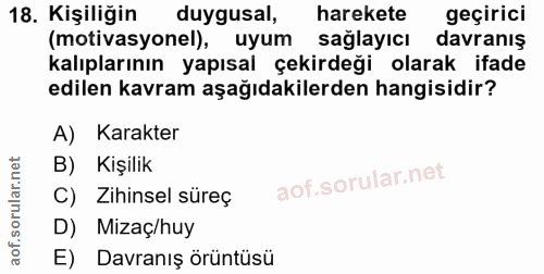 18. soru: Kişiliğin duygusal, harekete geçirici (motivasyonel), uyum sağlayıcı davranış kalıplarının yapısal çekirdeği olarak i…