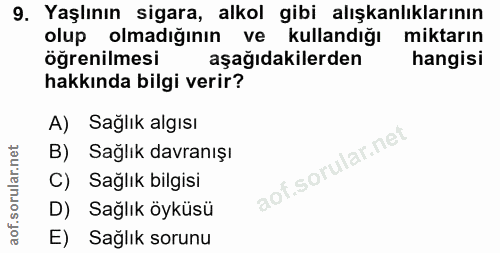 9. soru: Yaşlının sigara, alkol gibi alışkanlıklarının olup olmadığının ve kullandığı miktarın öğrenilmesi aşağıdakilerden han…