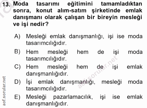 13. soru: Moda tasarımı eğitimini tamamladıktan sonra, konut alım-satım şirketinde emlak danışmanı olarak çalışan bir bireyin m…