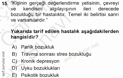 15. soru: "Kişinin gerçeği değerlendirme yetisinin, çevreyi ve kendisini algilayışının ileri derecede bozulduğu bir hastalıktır…