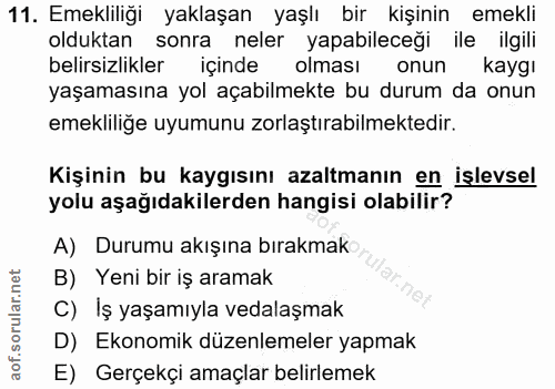 11. soru: Emekliliği yaklaşan yaşlı bir kişinin emekli olduktan sonra neler yapabileceği ile ilgili belirsizlikler içinde olmas…