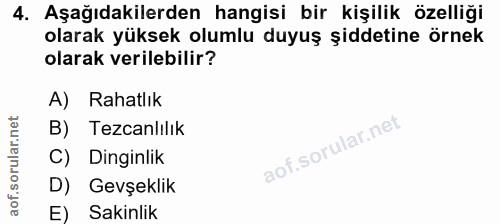 4. soru: Aşağıdakilerden hangisi bir kişilik özelliği olarak yüksek olumlu duyuş şiddetine örnek olarak verilebilir? A) Rahatl…