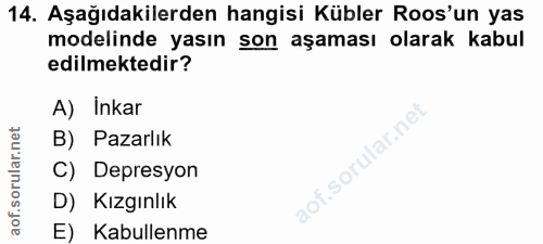 14. soru: Aşağıdakilerden hangisi Kübler Roos'un yas modelinde yasın son aşaması olarak kabul edilmektedir? A) Inkar B) Pazarlı…
