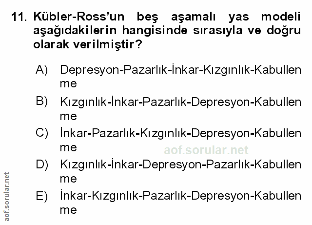 11. soru: Kübler-Ross'un beş aşamalı yas modeli aşağıdakilerin hangisinde sırasıyla ve dogru olarak verilmiştir? A) Depresyon-P…