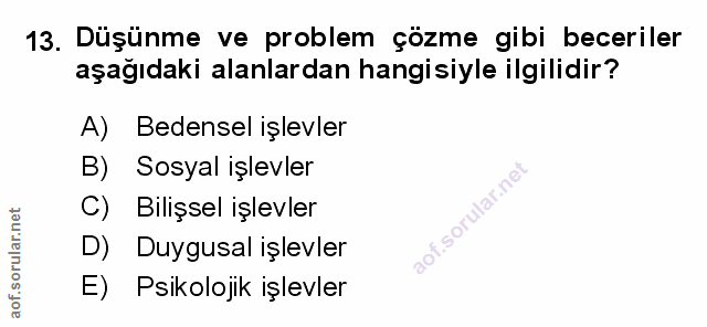 13. soru: Düşünme ve problem çözme gibi beceriler aşağıdaki alanlardan hangisiyle ilgilidir? A) Bedensel işlevler B) Sosyal işl…