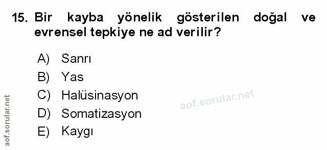 15. soru: Bir kayba yönelik gösterilen doğal ve ve evrensel tepkiye ne ad verilir? A) Sanrı B) Yas C) Halüsinasyon D) Somatizas…