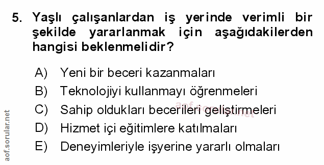 5. soru: Yaşlı çalışanlardan iş yerinde verimli bir şekilde yararlanmak için aşağıdakilerden hangisi beklenmelidir? A) Yeni bi…