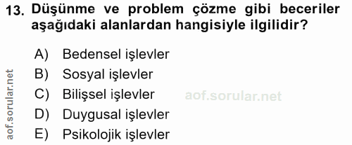 13. soru: Düşünme ve problem çözme gibi beceriler aşağıdaki alanlardan hangisiyle ilgilidir? A) Bedensel işlevler B) Sosyal işl…