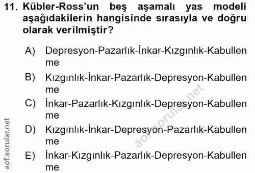 11. soru: Kübler-Ross'un beş aşamalı yas modeli aşağıdakilerin hangisinde sırasıyla ve doğru olarak verilmiştir? A) Depresyon-P…