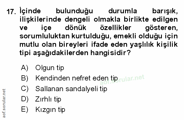 17. soru: Içinde bulunduğu durumla barışık, ilişkilerinde dengeli olmakla birlikte edilgen ve içe donuk özellikler gösteren, so…