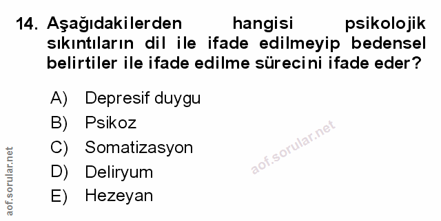 14. soru: Aşağıdakilerden hangisi psikolojik sıkıntıların dil ile ifade edilmeyip bedensel belirtiler ile ifade edilme surecini…