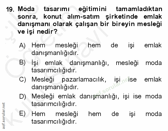 19. soru: Moda tasarımı egitimini tamamladıktan sonra, konut alım-satım şirketinde emlak danışmanı olarak çalışan bir bireyin m…