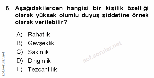 6. soru: Aşağıdakilerden hangisi bir kişilik özelliği olarak yüksek olumlu duyuş şiddetine örnek olarak verilebilir? A) Rahatl…
