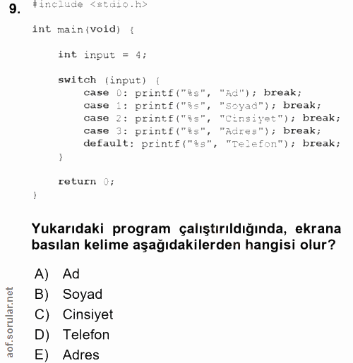 9. soru: #include <staio.h> int main (void) [ int input = 4: switch (input) ( case D: printf (""s", "Ad"); break; case i: prin…