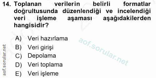14. soru: Toplanan verilerin belirli formatlar doğrultusunda düzenlendiği ve incelendiği veri işleme aşaması aşağıdakilerden ha…