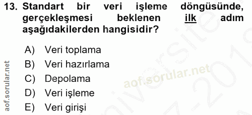 13. soru: Standart bir veri işleme döngüsünde, gerçekleşmesi beklenen ilk adım aşağıdakilerden hangisidir? A) Veri toplama B) V…
