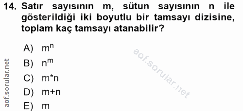 14. soru: Satır sayısının m, sütun sayısının n ile gösterildiği iki boyutlu bir tamsayı dizisine, toplam kaç tamsayı atanabilir…