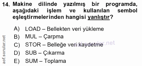 14. soru: Makine dilinde yazılmış bir programda, aşağıdaki işlem ve kullanılan sembol eşleştirmelerinden hangisi yanlıştır? A)…