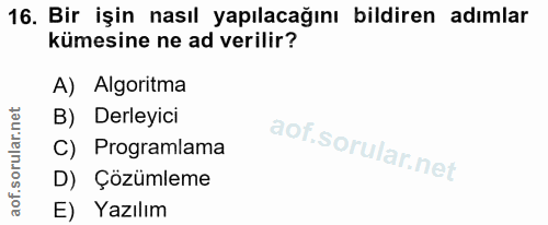 16. soru: Bir işin nasıl yapılacağını bildiren adımlar kümesine ne ad verilir? A) Algoritma B) Derleyici C) Programlama D) Çözü…