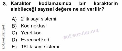 8. soru: Karakter kodlamasında bir karakterin alabileceği sayısal değere ne ad verilir? A) 2'lik sayı sistemi B) Kod noktası C…