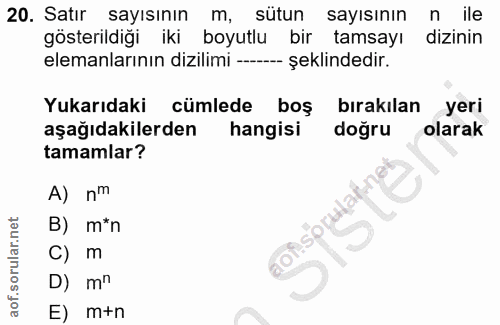 20. soru: Satır sayısının m, sütun sayısının n ile gösterildiği iki boyutlu bir tamsayı dizinin elemanlarının dizilimi -- şekli…