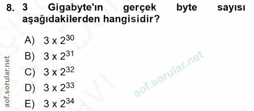 8. soru: 3 Gigabyte'ın gerçek byte sayısı aşağıdakilerden hangisidir? A) 3 x 230 B) 3 x 231 C) 3 x 232 D) 3 x 233 E) 3 x 234