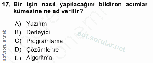 17. soru: Bir işin nasıl yapılacağını bildiren adımlar kümesine ne ad verilir? A) Yazılım B) Derleyici C) Programlama D) Çözüml…