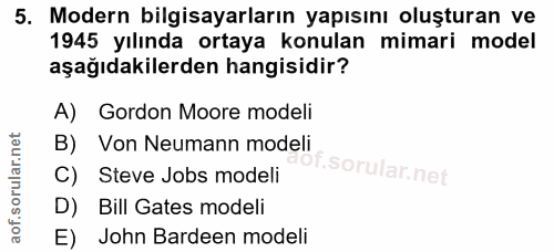 5. soru: Modern bilgisayarların yapısını oluşturan ve 1945 yılında ortaya konulan mimari model aşağıdakilerden hangisidir? A)…