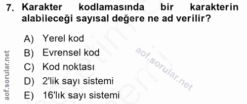 7. soru: Karakter kodlamasında bir karakterin alabileceği sayısal değere ne ad verilir? A) Yerel kod B) Evrensel kod C) Kod no…