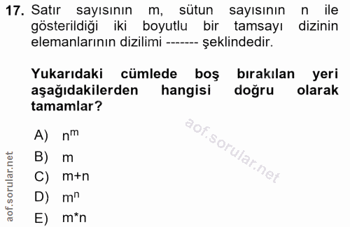 17. soru: Satır sayısının m, sütun sayısının n ile gösterildiği iki boyutlu bir tamsayı dizinin elemanlarının dizilimi --- şekl…