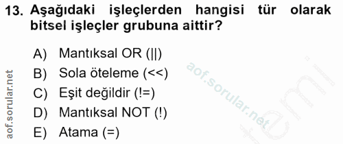 13. soru: Aşağıdaki işleçlerden hangisi tür olarak bitsel işleçler grubuna aittir? A) Mantıksal OR (II) B) Sola öteleme (<<) Eş…