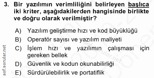 3. soru: Bir yazılımın verimliliğini belirleyen başlıca iki kriter, aşağıdakilerden hangisinde birlikte ve doğru olarak verilm…
